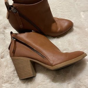 Brown high heeled leather booties, size 7.5